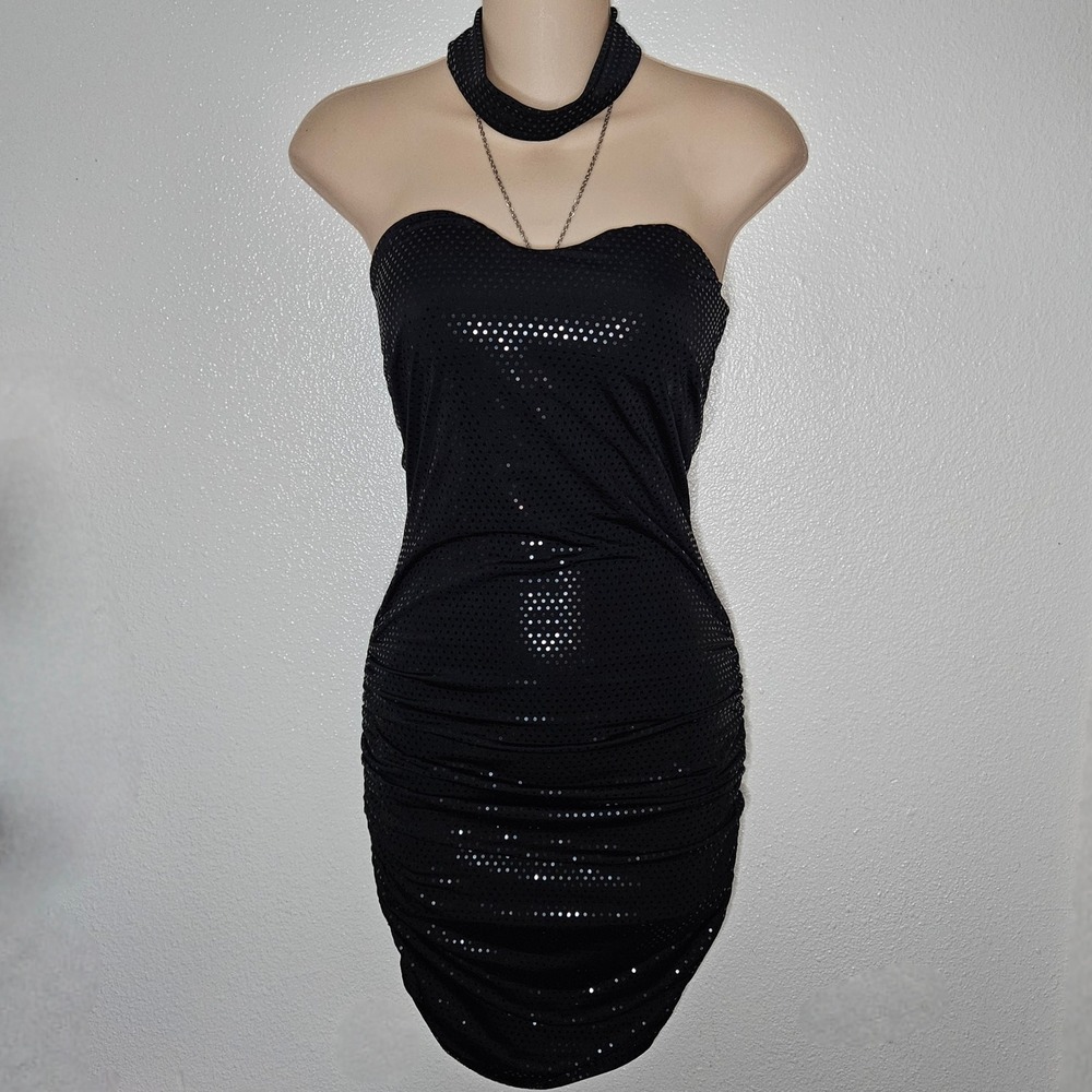 Y2k‎ Cristina Black Sequin Bodycon Mini Dress Choker Neck